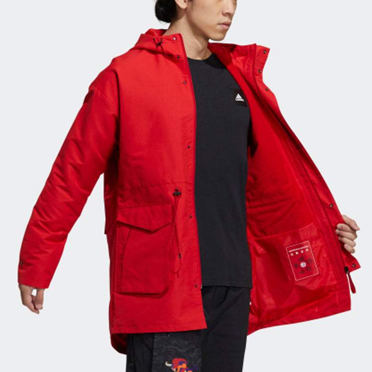 adidas Cny Jkt Top Sports Training Printing hooded Fleece Lined Woven Jacket Red H37918