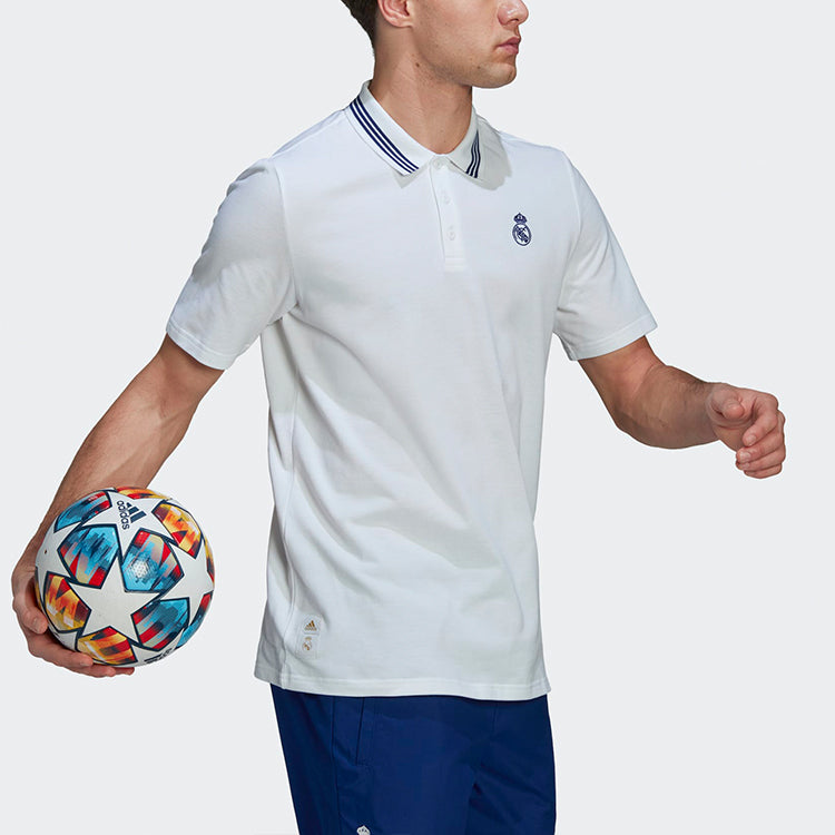 adidas real Madrid Solid Color Stripe Casual Short Sleeve Polo Shirt White H59050