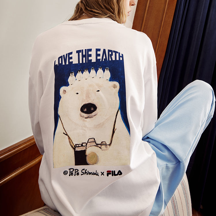 Men's FILA x Pepe Shimada Crossover Cartoon Printing Sports Round Neck Pullover White F11M133297F-WT