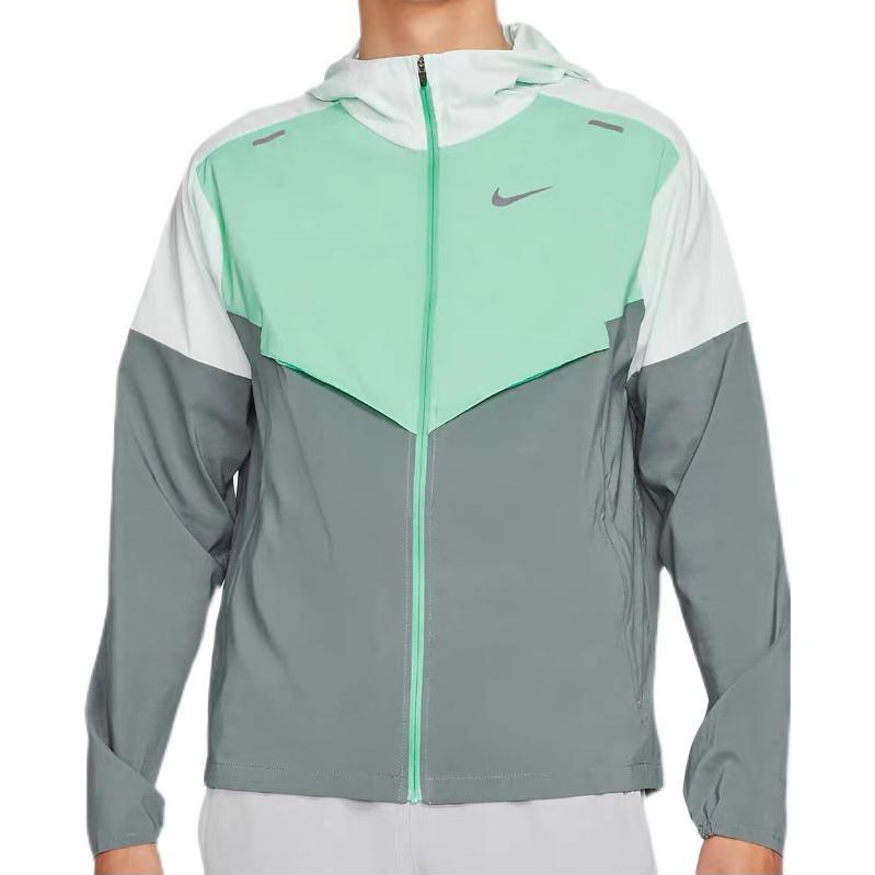 Men's Nike SS22 Splicing Color Block Logo Printing Zipper Hooded Jacket Autumn Gray Green CZ9071-394