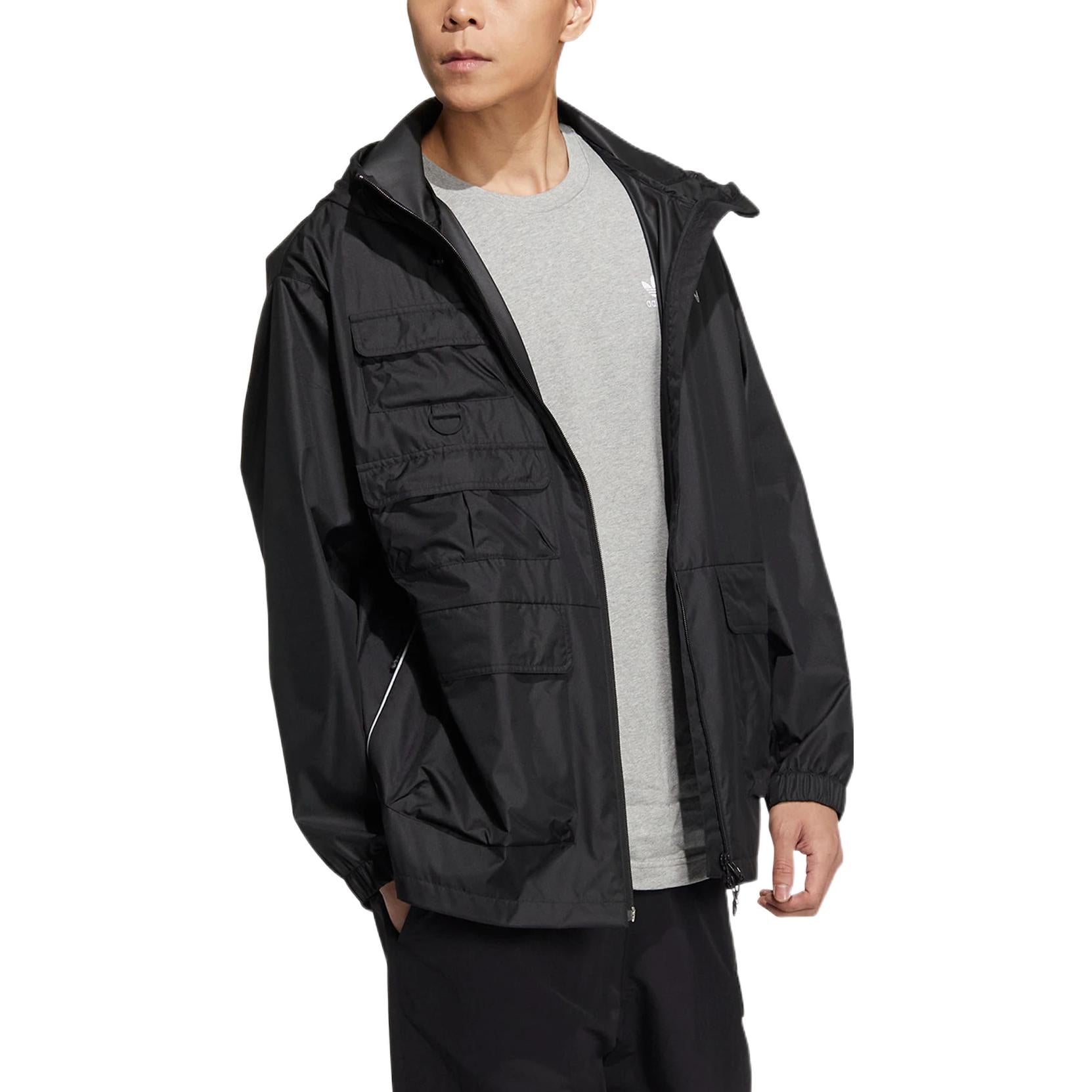 Men's adidas originals SS22 Solid Color Stand Collar Hooded Drawstring Sports Jacket Autumn Black HS2025
