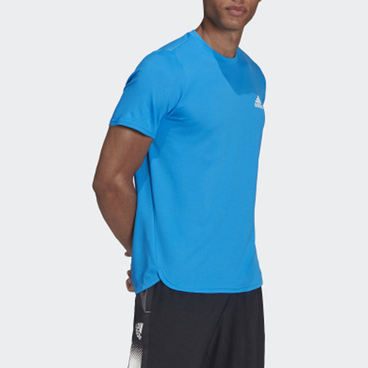 Men's adidas Solid Color Gym Round Neck Pullover Short Sleeve Blue T-Shirt HF7216