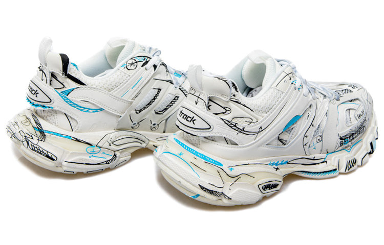 Balenciaga Track 1.0 Sneakers ' White Blue Mesh and Nylon Graffiti' 542023W3SRA9014