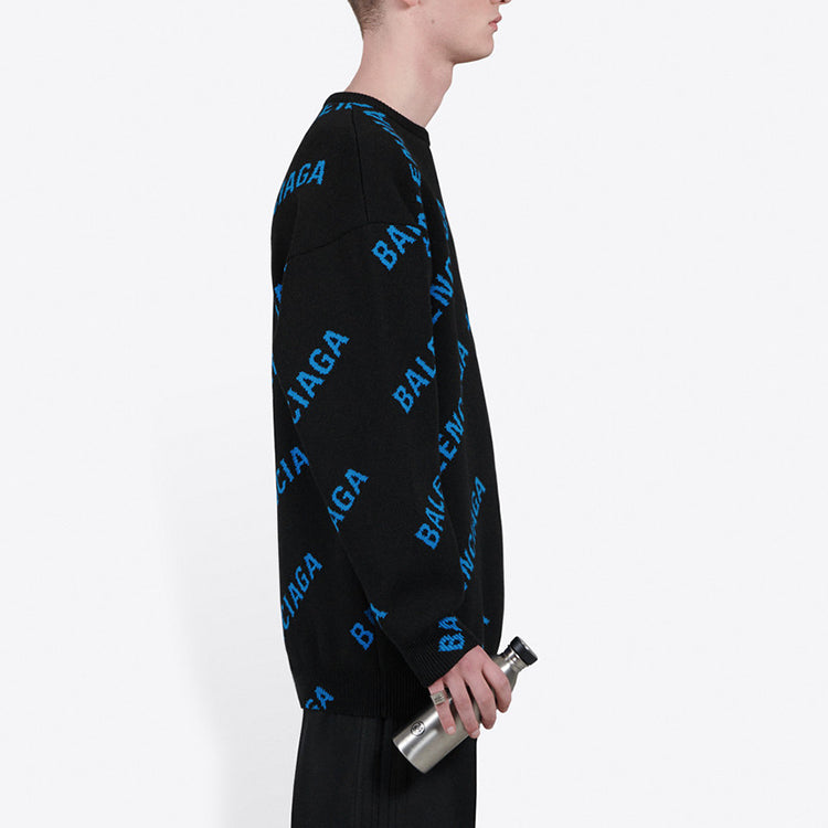 Balenciaga Allover Logo Crewneck Sweater 'Black Blue' 625970T31781165