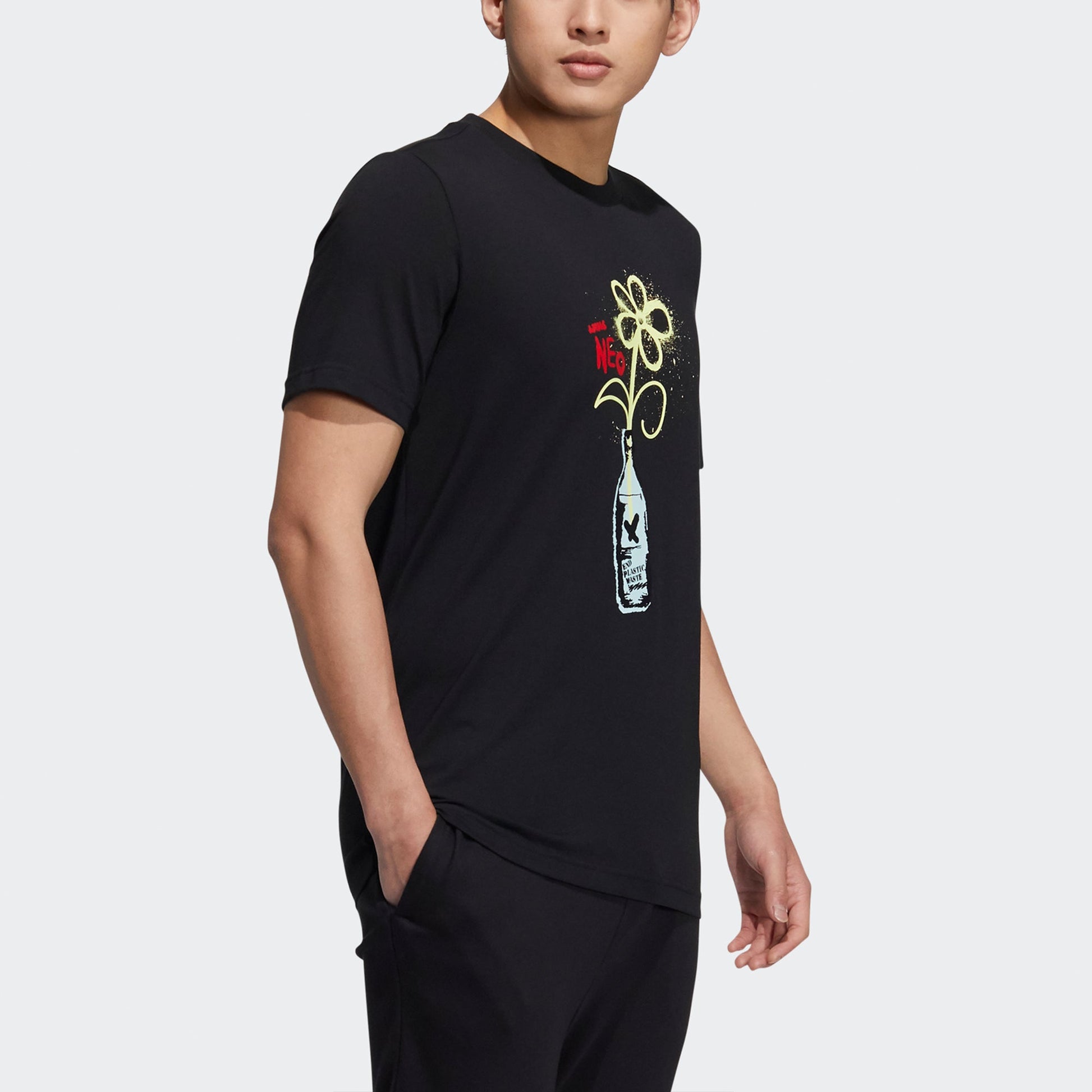 adidas neo M July Tee 1 Cartoon Printing Sports Round Neck Short Sleeve Black HF0463