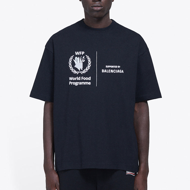 Men's Balenciaga x WFP 1st Generation Crossover Printing Logo Round Neck Pullover Short Sleeve Black 612966THV841000