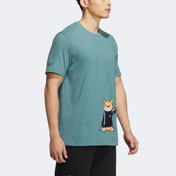 Men's adidas Cartoon Puppy Straight Casual Sports Short Sleeve Green T-Shirt H49577