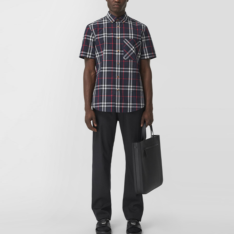 Men's Burberry SS21 Logo Plaid Loose Short Sleeve Shirt Navy Blue 80433391