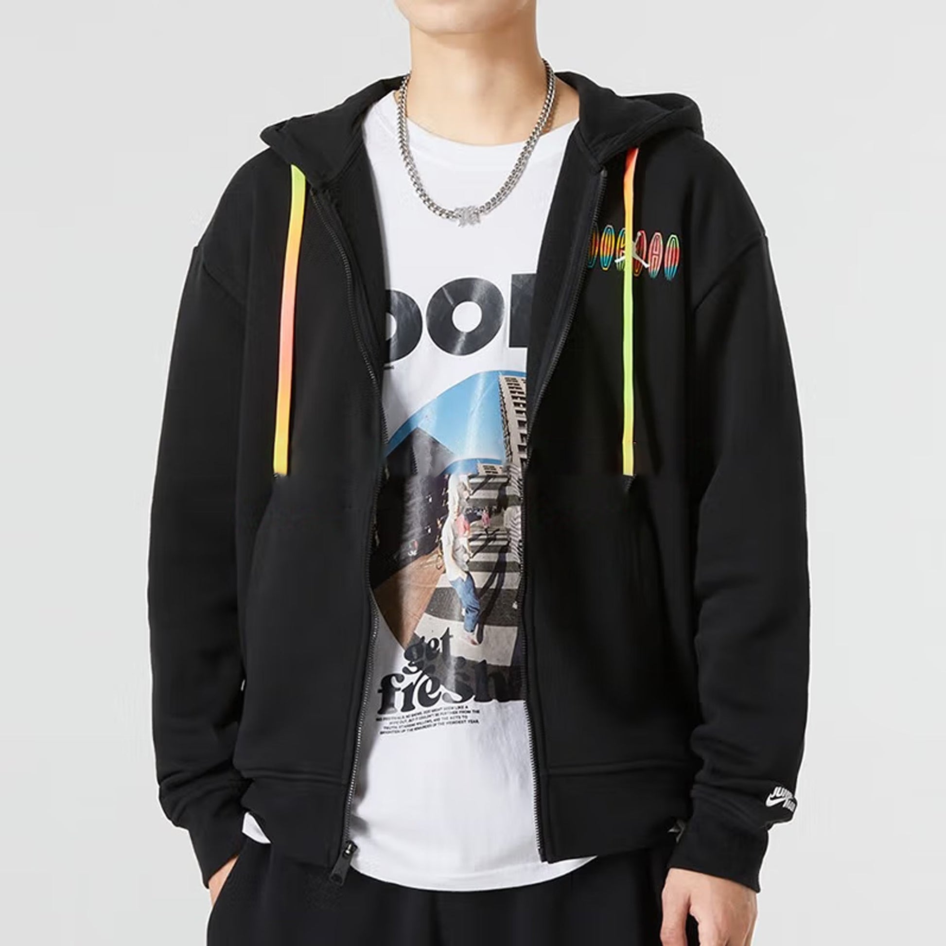 Men's Nike Kangaroo Pocket Chest Multi-Color Printing Drawstring Pullover Black DQ7565-010