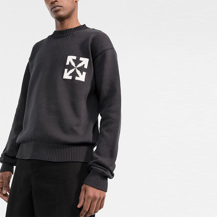 Men's Off-White FW22 Logo Intarsia Knit Round Neck Pullover Wool Sweater Loose Fit Black OMHE119C99KNI0011001