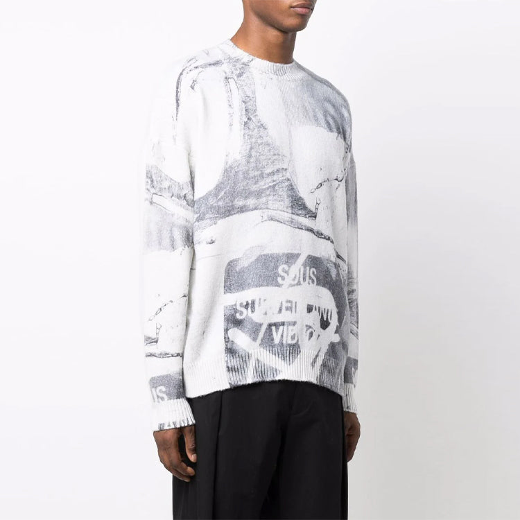 Men's Off-White FW21 Abstract Printing Round Neck Pullover Wool Sweater Loose Fit White OMHE101F21KNI0016110