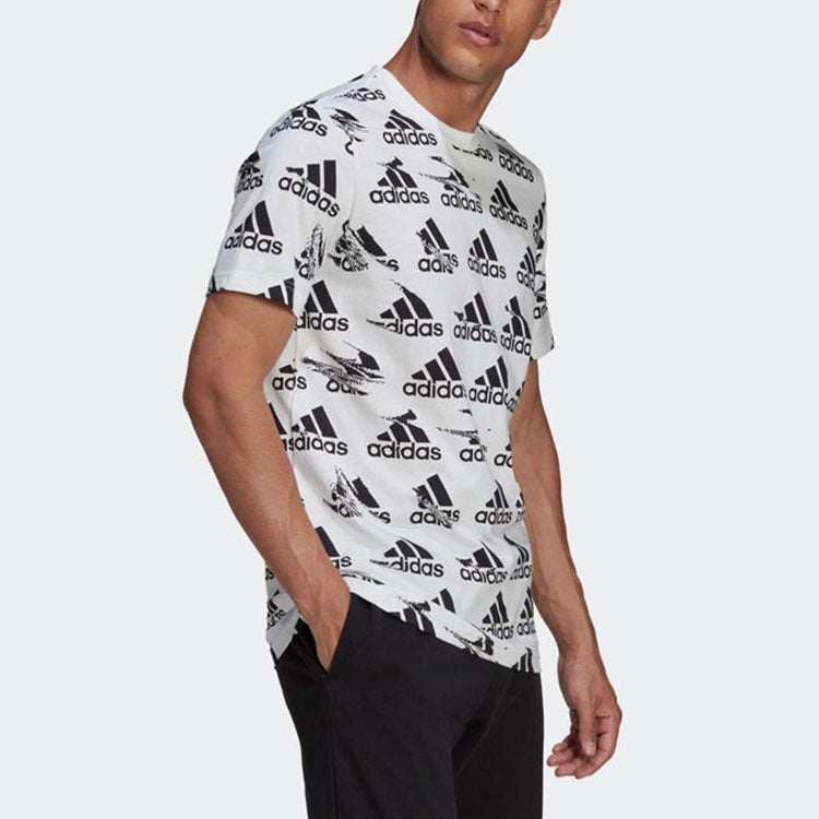 Men's adidas Logo Full Print Round Neck Pullover Short Sleeve Japanese Version White T-Shirt HE1786