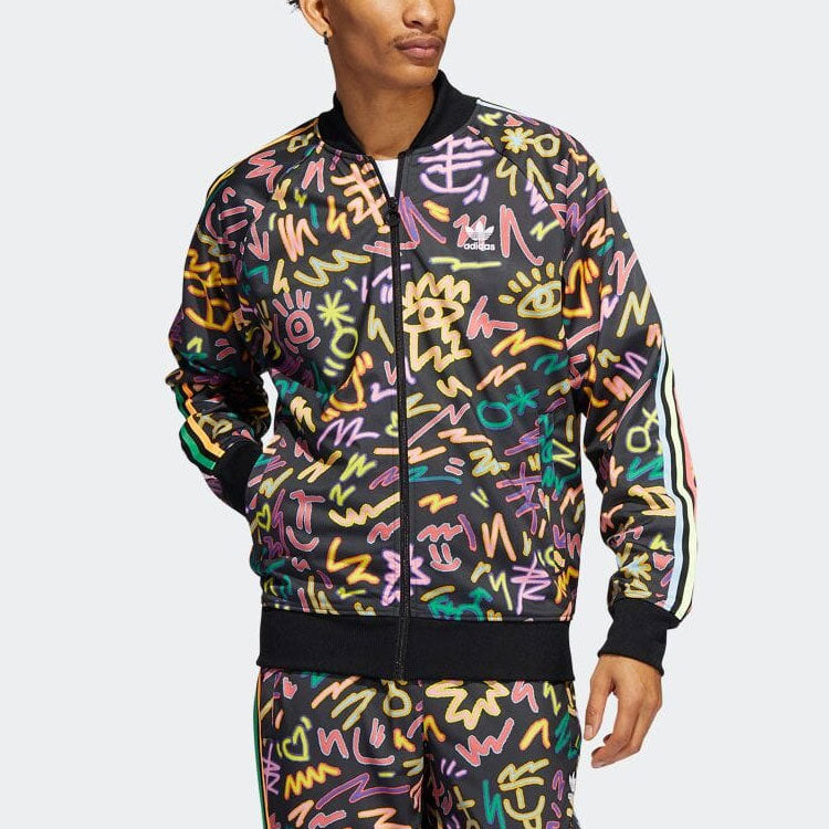 adidas originals Full Print Geometry Pattern Stripe Baseball Collar Long Sleeves Jacket Japanese version Black HC3088