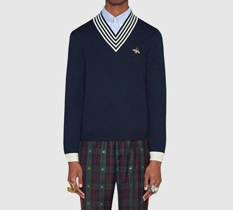 Gucci Men's Bee Pattern V-Neck Wool Sweater Blue 496442-X9I00-4650