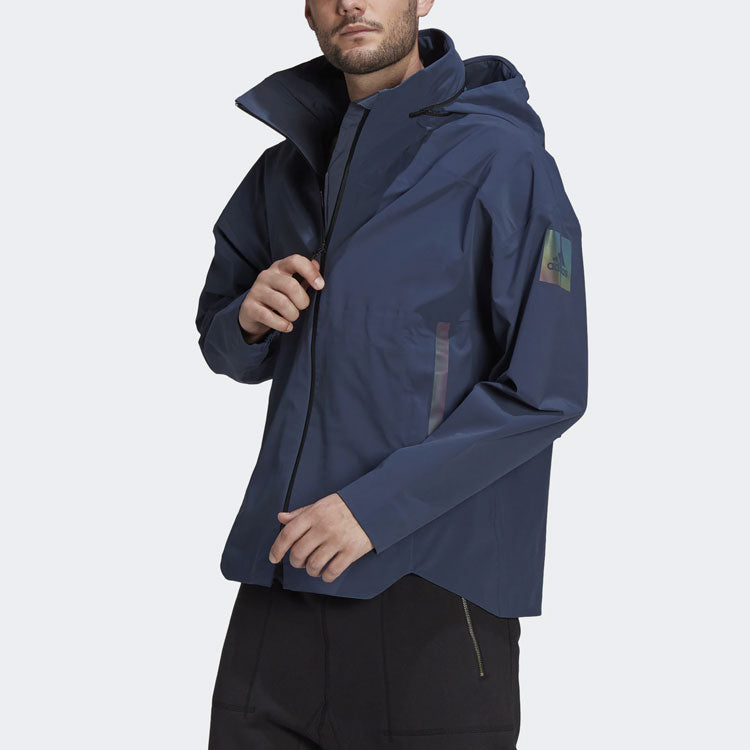 Men's adidas Outdoor Sports Stripe Hooded Rainproof 3M Reflective Navy Blue Jacket GR0596