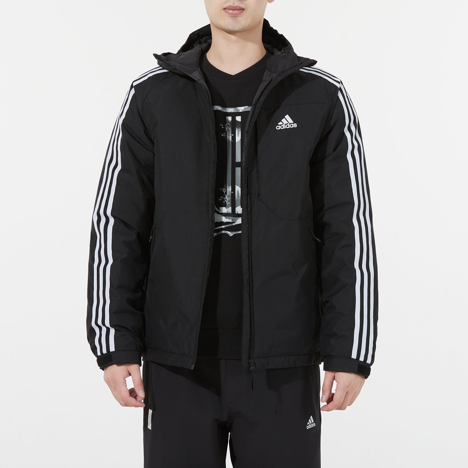 adidas 3st Down Jkt Logo Printing Side Stripe Sports Stay Warm hooded down Jacket Black H23080