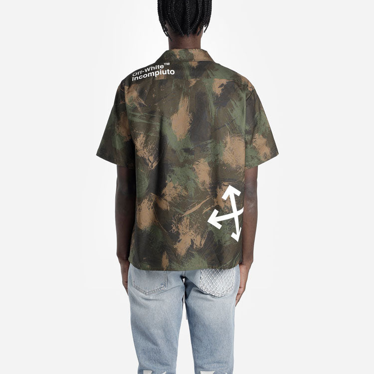 Men's Off-White Camouflage Printing Short Sleeve Green Shirt OMGA049E19E220189901