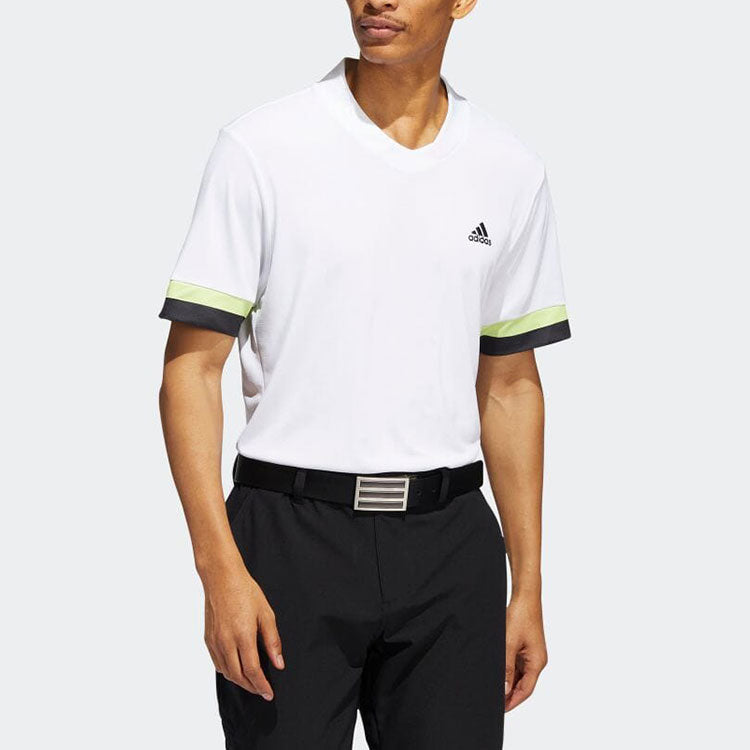 Men's adidas V Neck Colorblock Stripe Logo Pullover Short Sleeve Japanese Version White T-Shirt HI4754