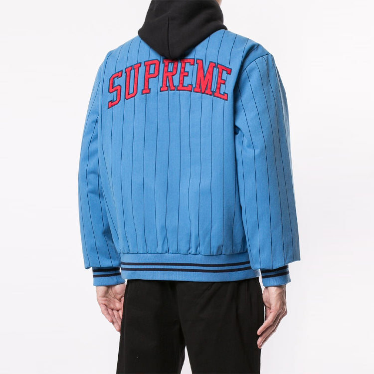 Supreme SS19 Pinstripe Varsity Jacket Stripe Round Neck Unisex Blue SUP-SS19-976