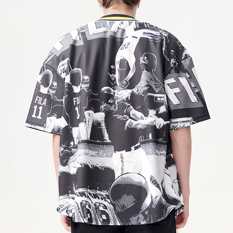 Men's FILA FUSION Contrasting Colors Logo Knit Sports Short Sleeve Shirt Black Gray T11M122401F-BK