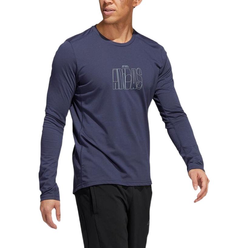 Men's adidas Alphabet Logo Printing Round Neck Pullover Long Sleeves Japanese Version Blue T-Shirt HE0131