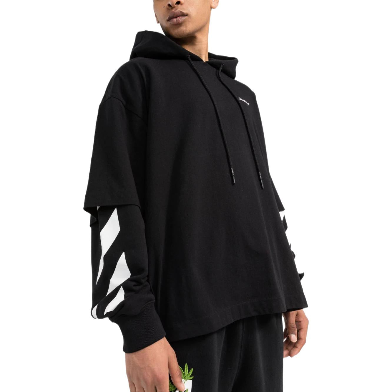Men's Off-White Solid Color Stripe Printing Design Hooded Long Sleeves Black OMBB098C99FLE0011001