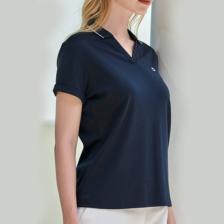(WMNS) FILA Embroidered Logo V neck Short Sleeve Polo Shirt Navy Blue F61W028104F-NV