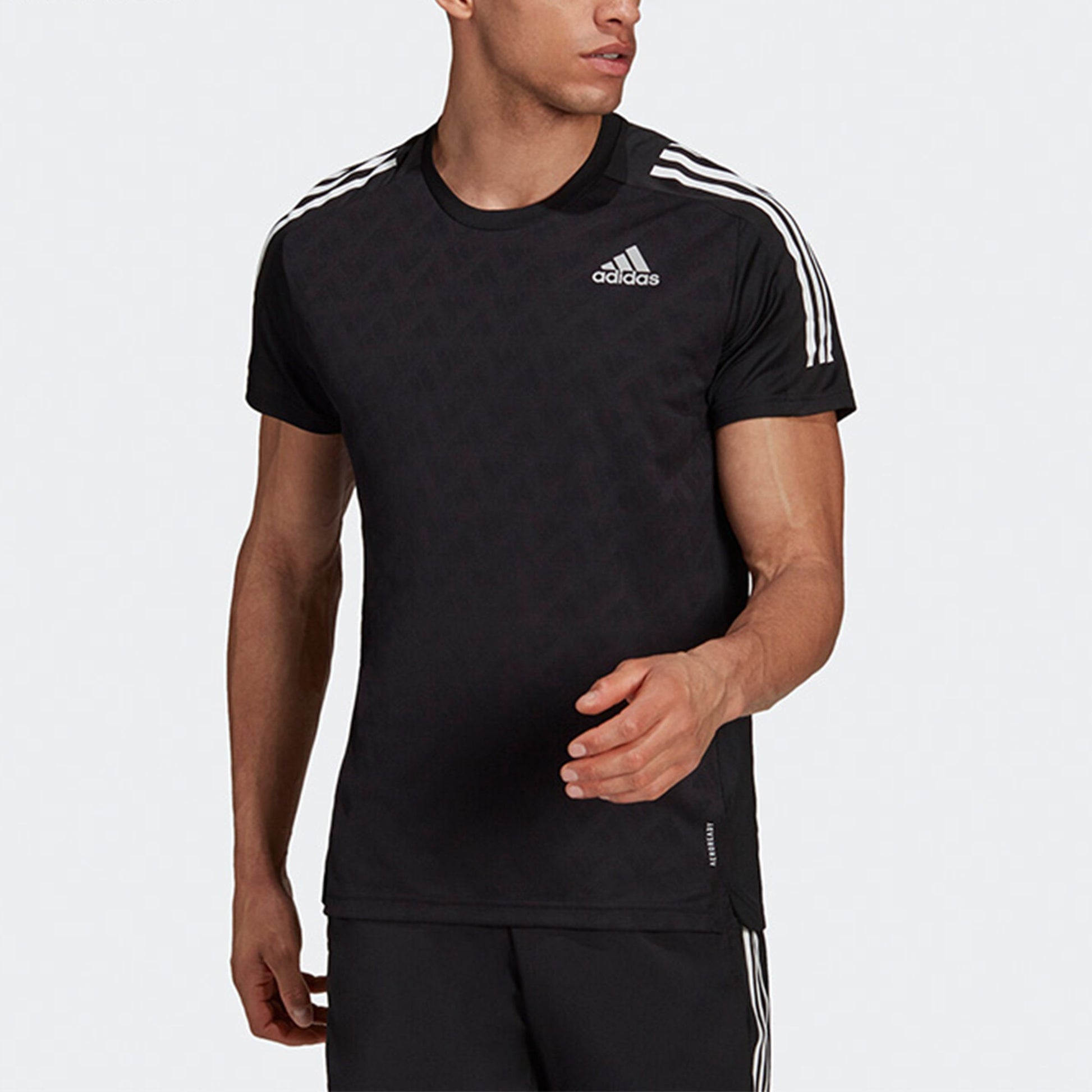adidas Own the Run Tee Sports Training Stripe Round Neck Short Sleeve Black H36450