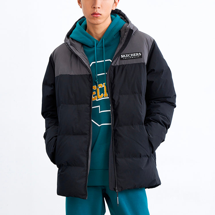 Skechers Contrast Color Letter Printed Hooded Down Jacket 'Black Grey' L321M190