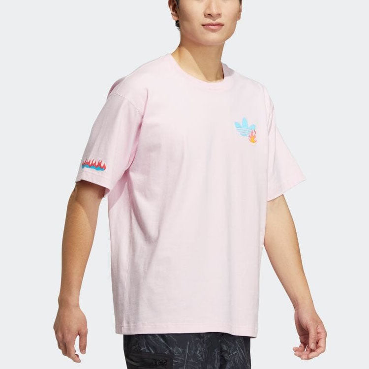 adidas originals Solid Color Cartoon Flame Pattern Printing Round Neck Casual Short Sleeve Pink HM8042