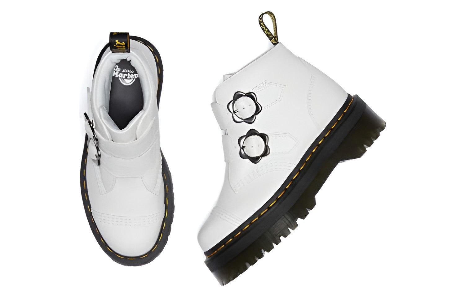(WMNS) Dr.Martens Devon Flower Buckle Leather Platform Boots 'White Black' 27642100