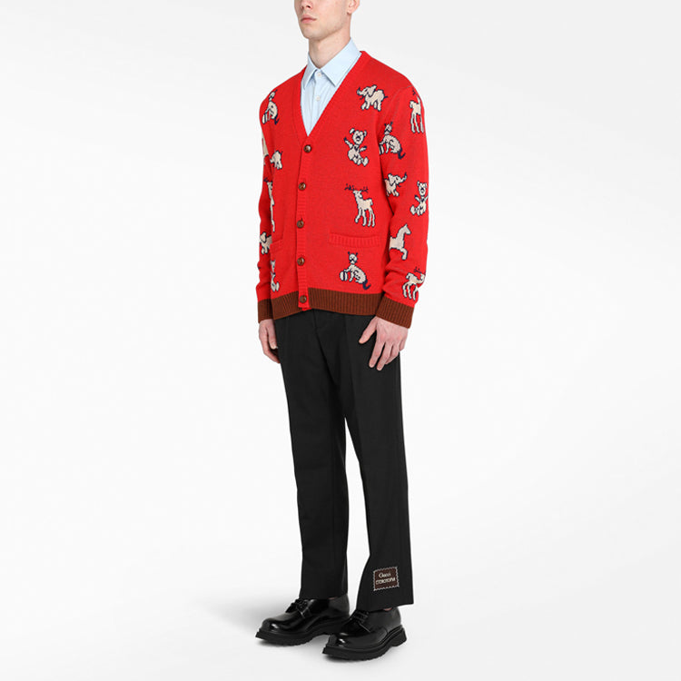 Gucci Hawaii Animal Jacquard Wool Knitted Cardigan For Men Red 626635-XKBGB-6229
