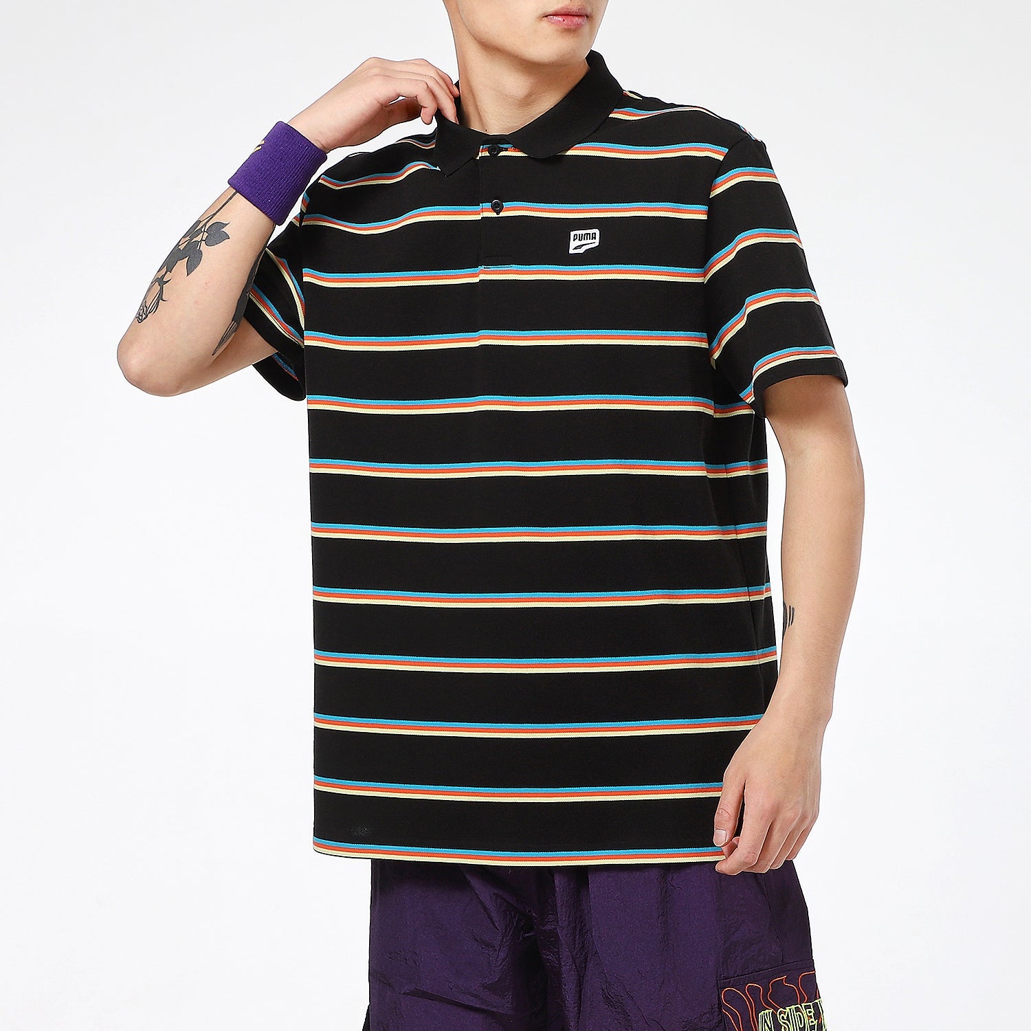PUMA Downtown Stripe Polo Tee Shirt 'Black' 599781-01