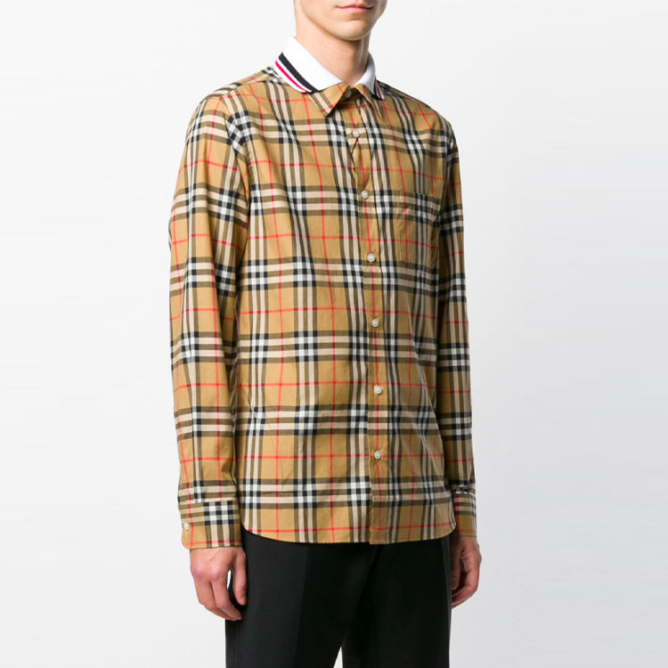 Men's Burberry Splicing Plaid Long Sleeves Shirt Beige 80049621