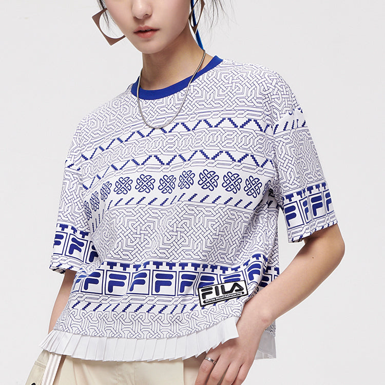 FILA FUSION x WM White Crossover Printing Loose Round Neck Short Sleeve Blue Totem T-Shirt T11W127104F-WT