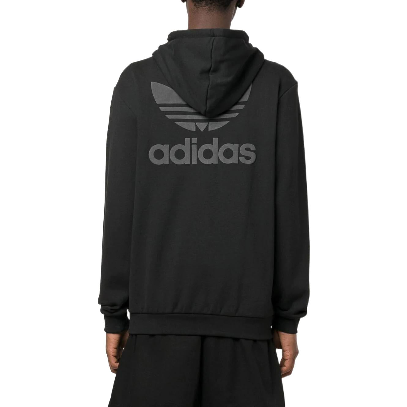 Men's adidas originals Logo Pattern Embroidered Drawstring Hooded Long Sleeves Black HS8895