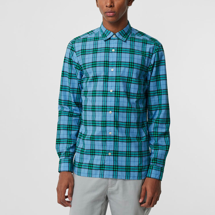 Men's Burberry Cotton Long Sleeves Plaid Shirt Blue 80031001