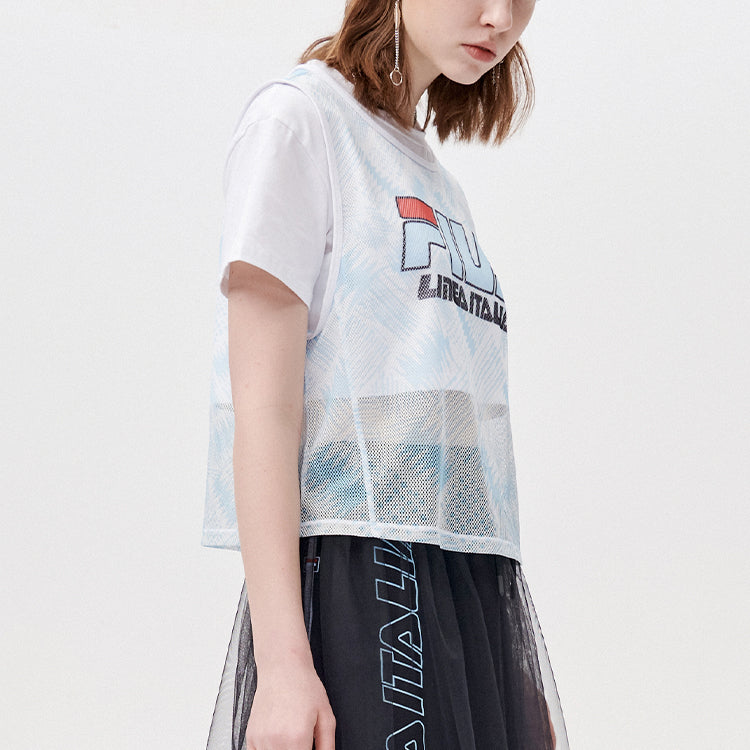 FILA FUSION Logo Printing Design Double Layer Sports Loose Short Sleeve White T11W125101F-LB