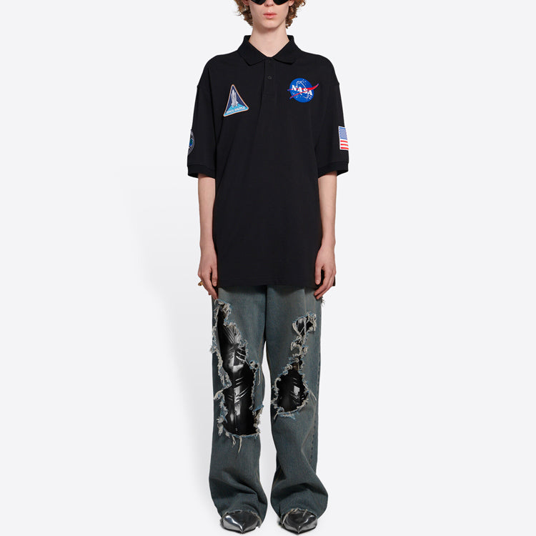 Men's Balenciaga x NASA Crossover FW21 Space Printing Cotton Solid Color Polo Shirt Black 662493TKVG11070