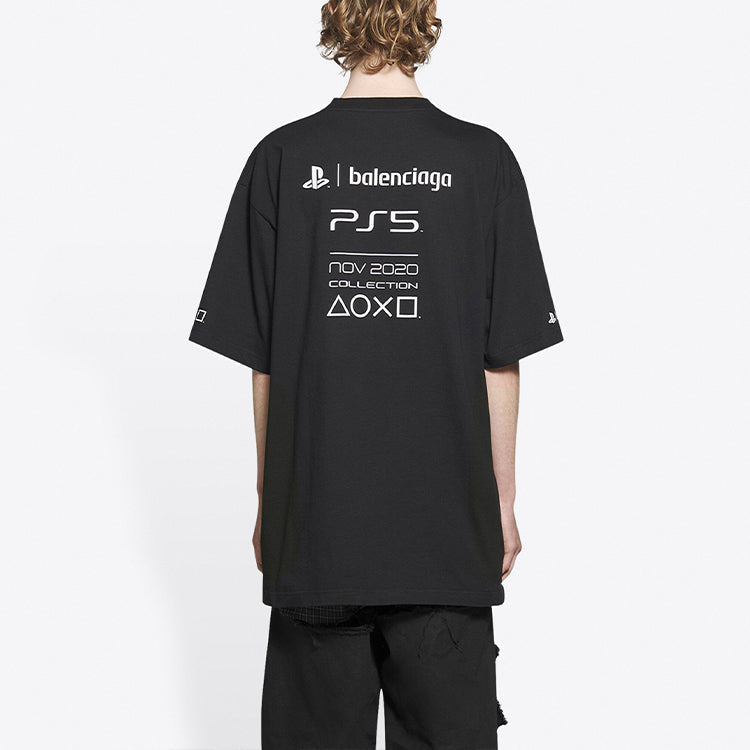 Balenciaga x PlayStation Crossover Ps5 Alphabet Geometry Pattern Printing Short Sleeve Unisex Black 651795TKVF31070