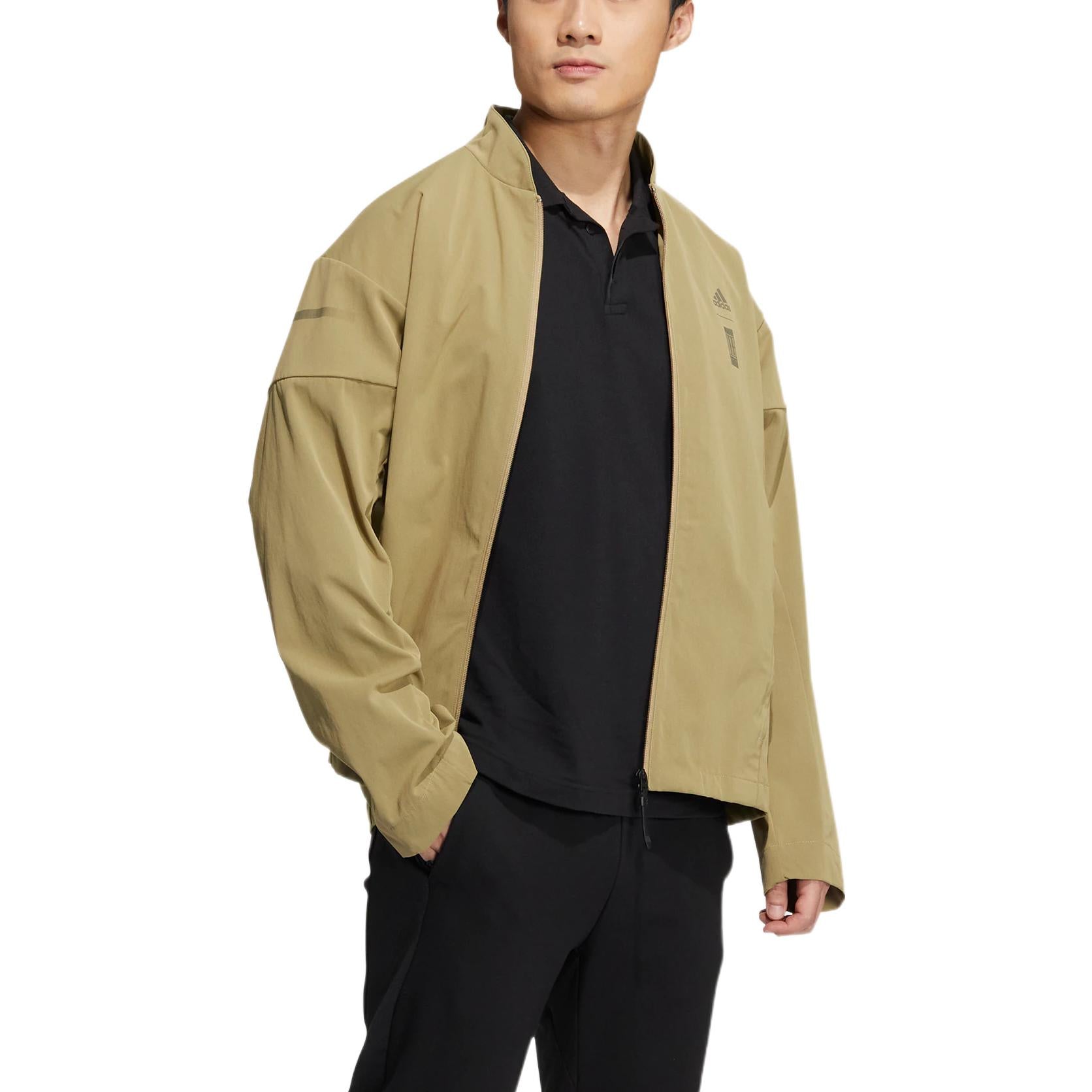 Men's adidas Chest Logo Stand Collar Zipper Long Sleeves Jacket Brown HM5171