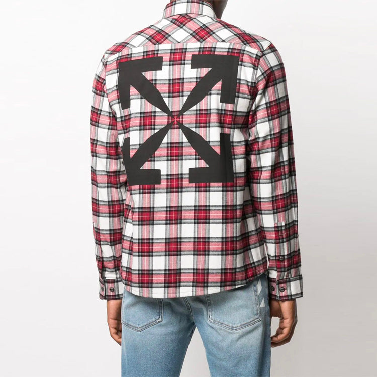 Men's Off-White SS21 Plaid Back Arrow Red Shirt OMGA133R21FAB0022500