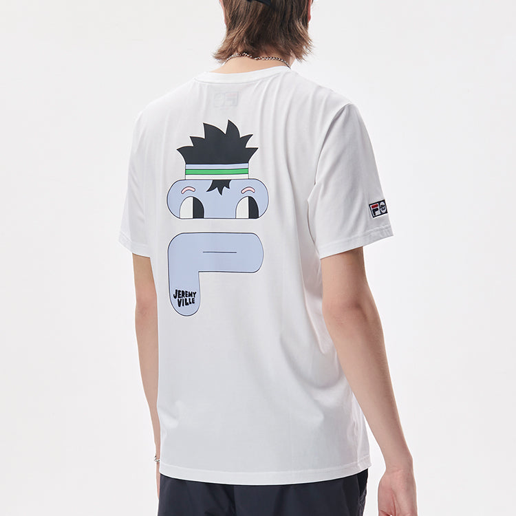 FILA FUSION x Jeremyville Crossover Cartoon Alphabet Printing Sports Short Sleeve Couple Style White T11U139104F-WT