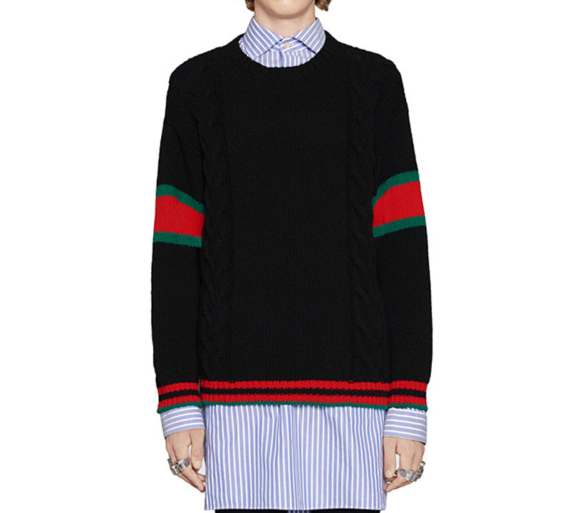 Gucci Chucky Grg Long-Sleeved Sweater With Striped Round Neck At Hem Cuffs For Men Black 548115-X1561-1082