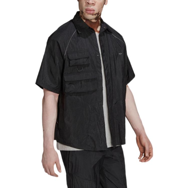 Men's adidas originals Solid Color Lapel Short Sleeve Black Shirt HK2733
