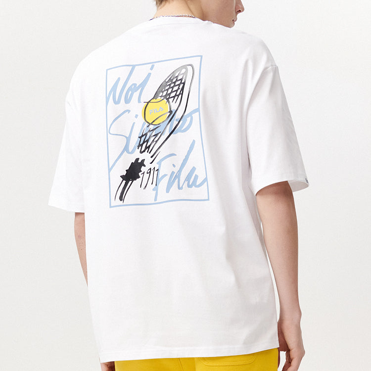 Men's FILA FUSION Alphabet Printing Loose Round Neck Knit Short Sleeve White T11M121107F-WT