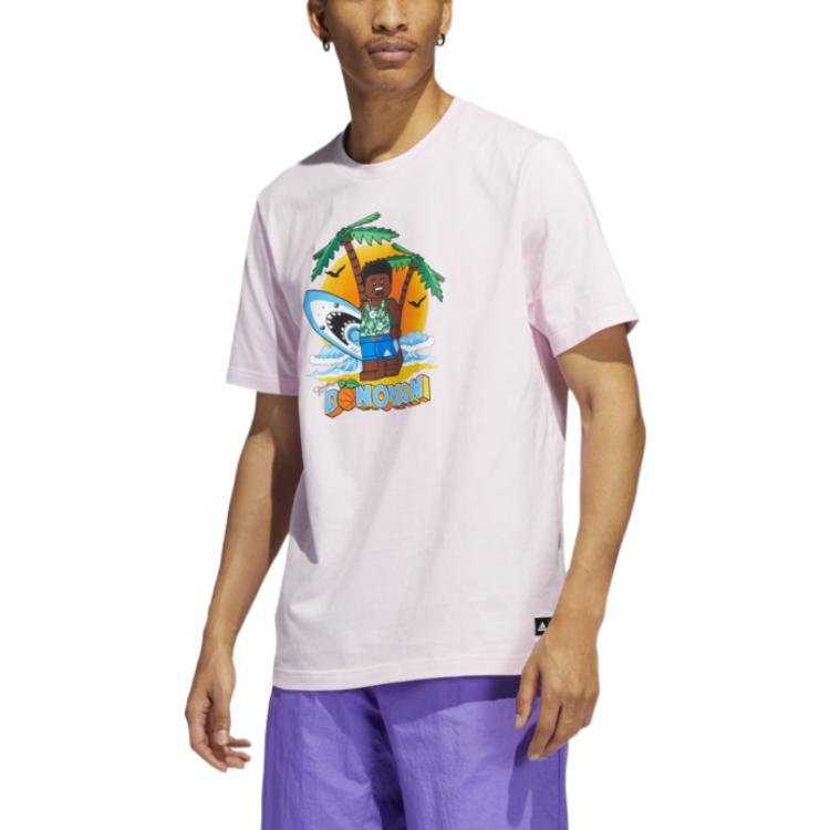 Men's adidas Logo Cartoon Character Printing Ribbed Round Neck Basketball Training Short Sleeve Pink T-Shirt HE0869