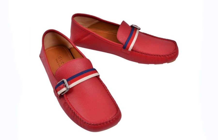 Gucci Cowhide Bee Embroidered Classic Stripe Flats 'Red' 473766-BXON0-6467