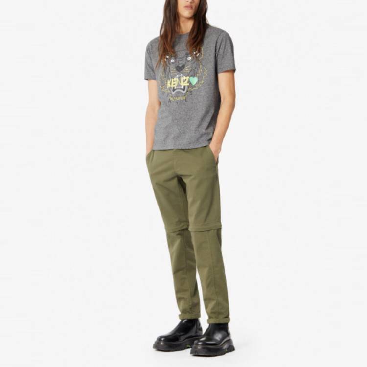 Men's KENZO Classic Tiger Head Pattern Pure Cotton Short Sleeve Dark Grey T-Shirt F965TS0314Y4-98