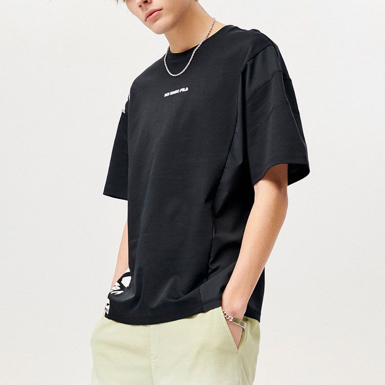 Men's FILA FUSION Printing Splicing Sports Loose Short Sleeve Black T-Shirt T11M121115F-BK